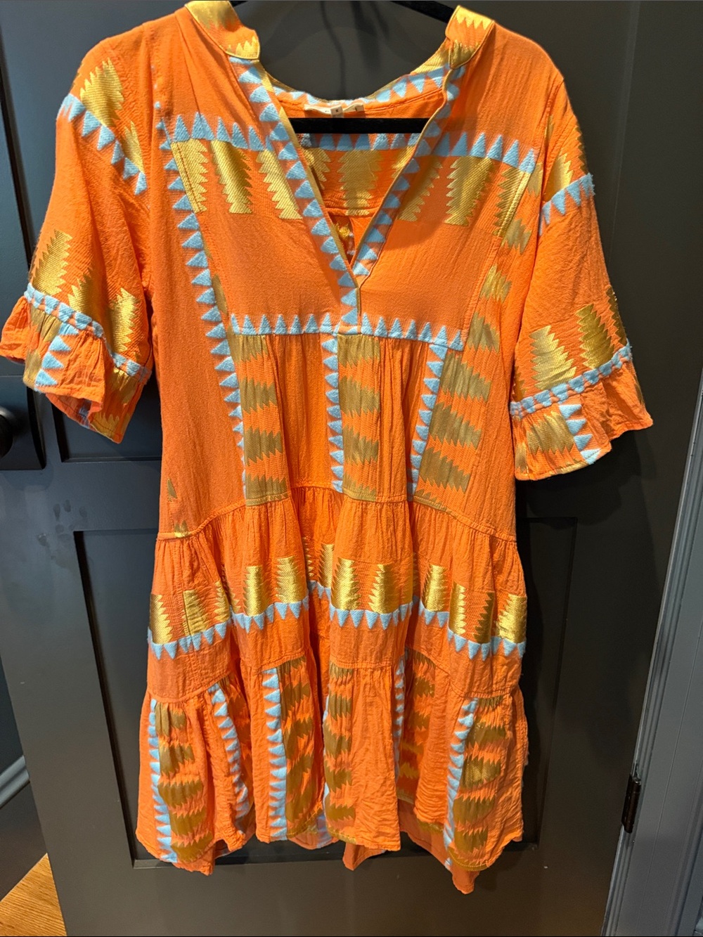 Neema Greece Bright Orange Embroidered Tiered Women's Dress Medium